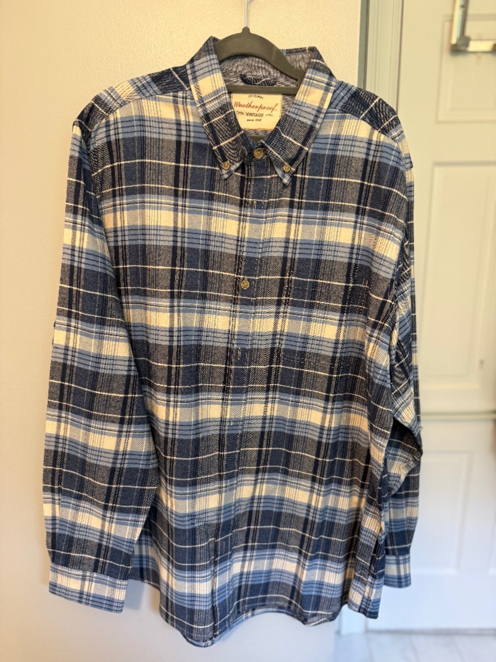 Weatherproof Vintage Navy Blue Cream Plaid Flannel Shirt XLT Tall